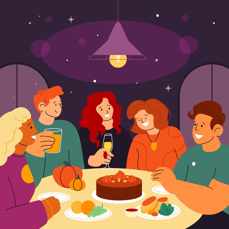 flat-friendsgiving-illustration-with-friends-having-dinner-table-together_23-2150931322