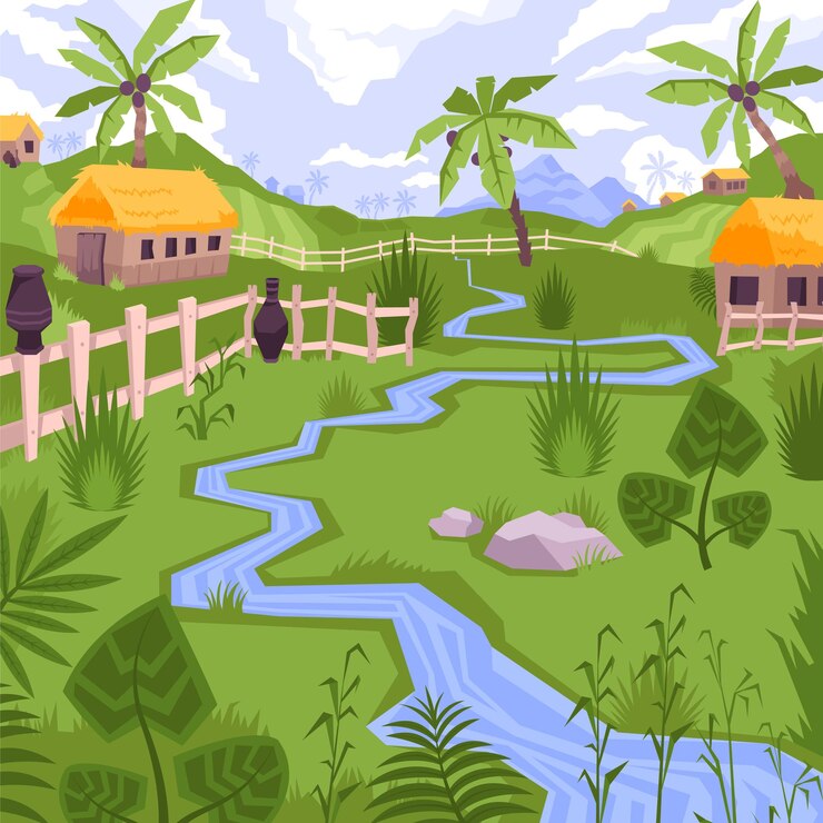 illustration-with-view-exotic-village-with-houses-brook-tropical-plants_1284-64481
